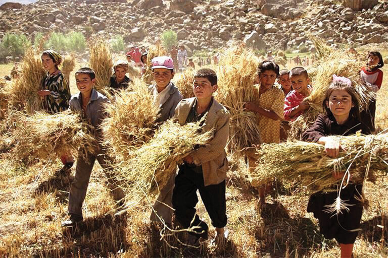 Children carrying bundles of plants or crops.